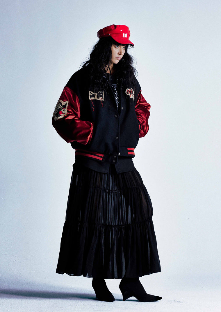 Retro Contrast Varsity Jacket with Heavy Graphic Embroidery