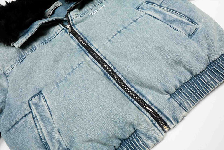 EAC–Denim Puffer Jacket with Fur Collar