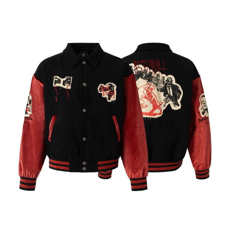 Retro Contrast Varsity Jacket with Heavy Graphic Embroidery
