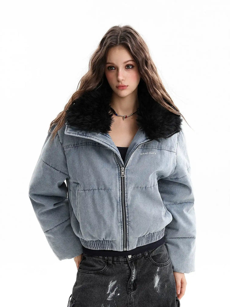 EAC–Denim Puffer Jacket with Fur Collar