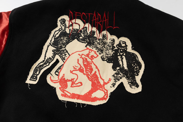 Retro Contrast Varsity Jacket with Heavy Graphic Embroidery