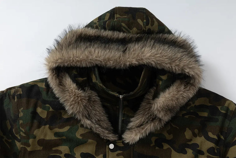 EAC–Faux Fur Trim Hooded Camouflage Layered Jacket
