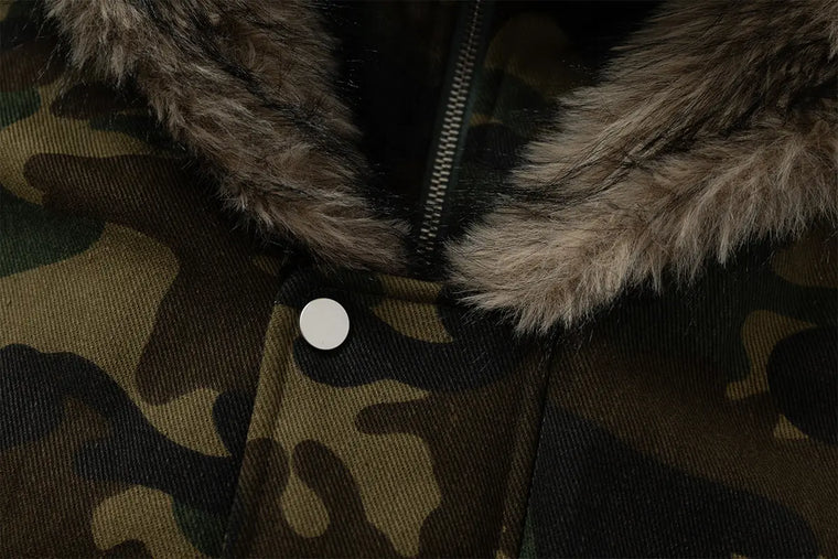 EAC–Faux Fur Trim Hooded Camouflage Layered Jacket
