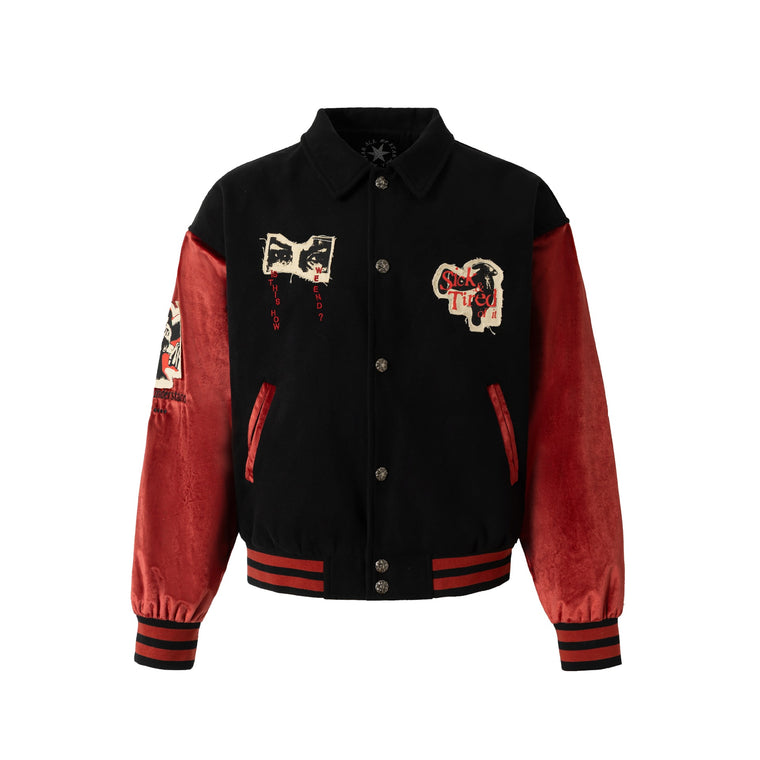 Retro Contrast Varsity Jacket with Heavy Graphic Embroidery