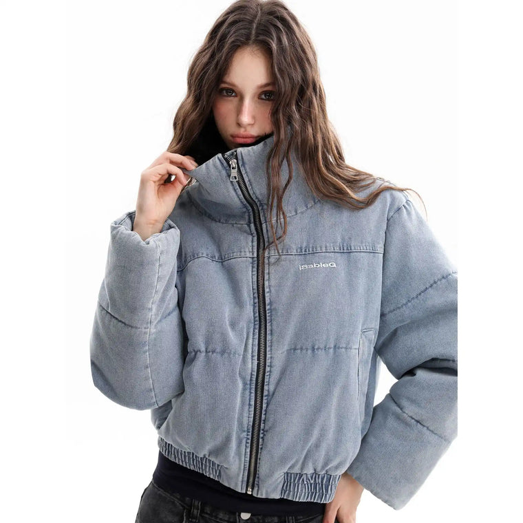 EAC–Denim Puffer Jacket with Fur Collar