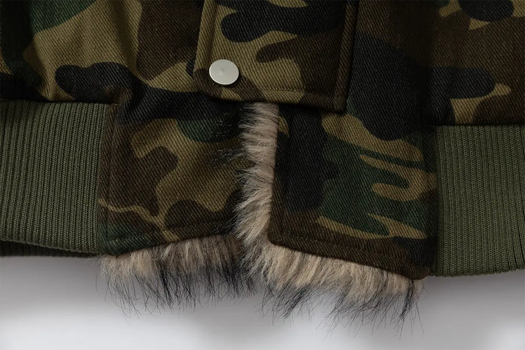EAC–Faux Fur Trim Hooded Camouflage Layered Jacket