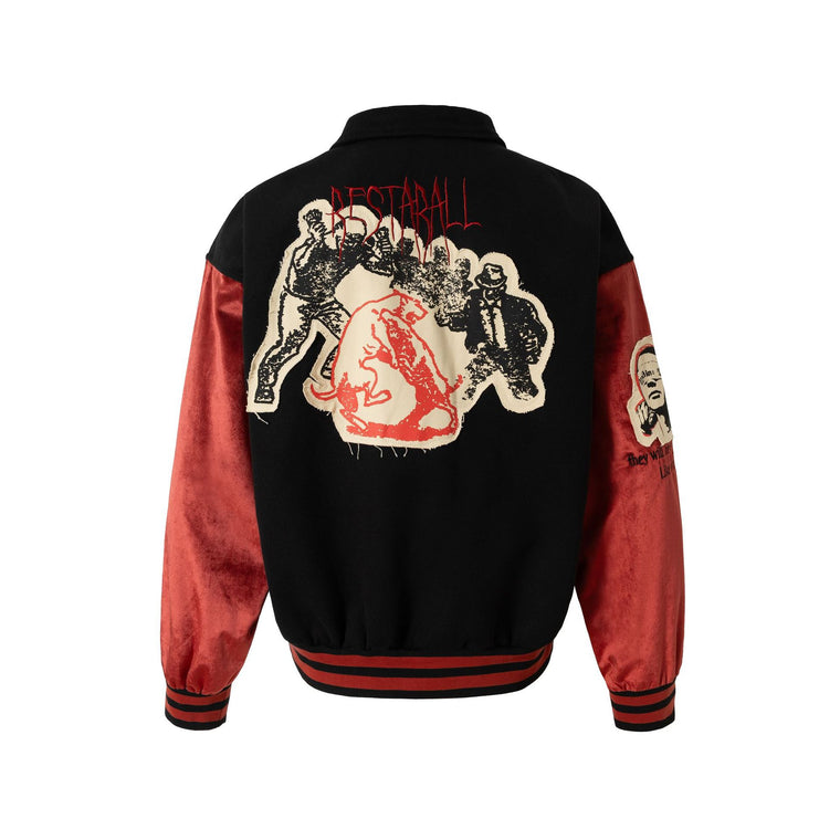 Retro Contrast Varsity Jacket with Heavy Graphic Embroidery