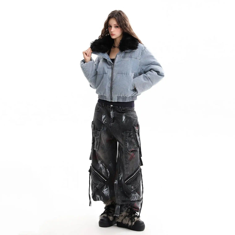 EAC–Denim Puffer Jacket with Fur Collar