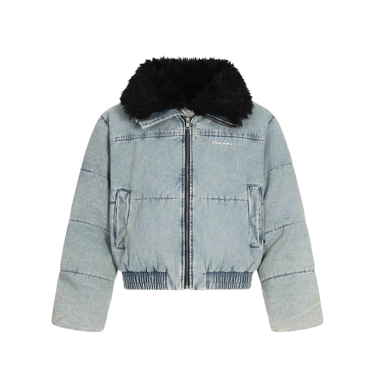 EAC–Denim Puffer Jacket with Fur Collar