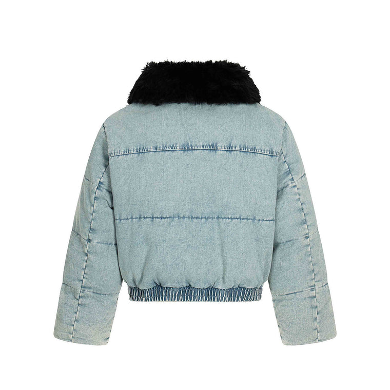 EAC–Denim Puffer Jacket with Fur Collar