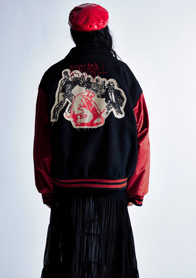 Retro Contrast Varsity Jacket with Heavy Graphic Embroidery