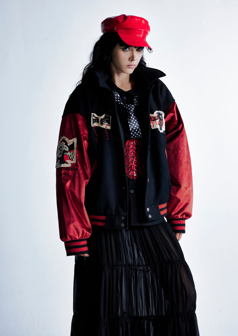 Retro Contrast Varsity Jacket with Heavy Graphic Embroidery