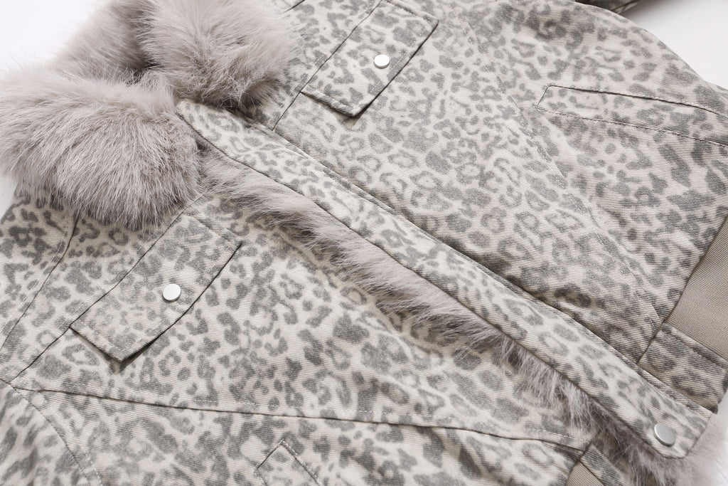 EAC–Leopard Faux Fur Collar Cropped Padded Jacket