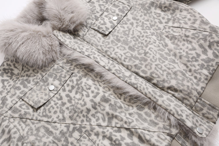 EAC–Leopard Faux Fur Collar Cropped Padded Jacket