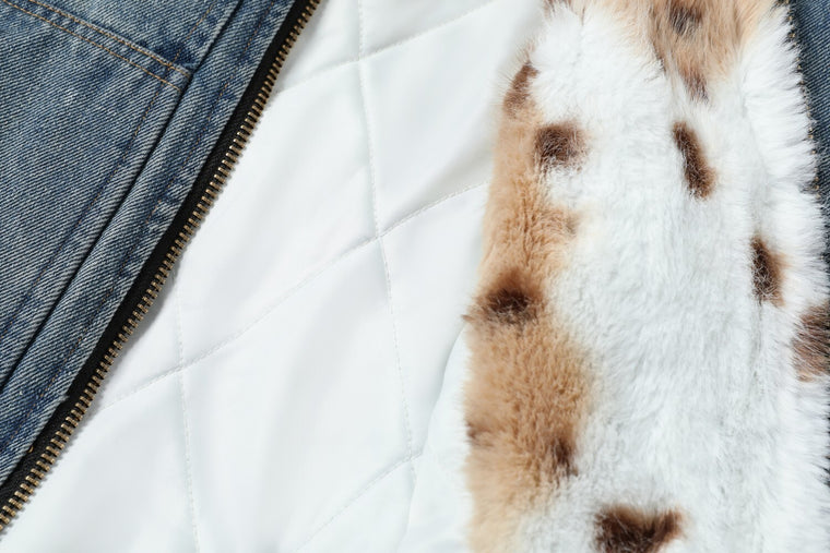 EAC–Vintage Wash Denim Jacket with Leopard Faux Fur Lining