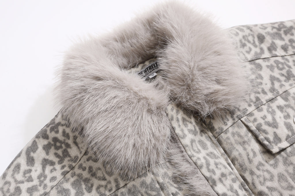 EAC–Leopard Faux Fur Collar Cropped Padded Jacket