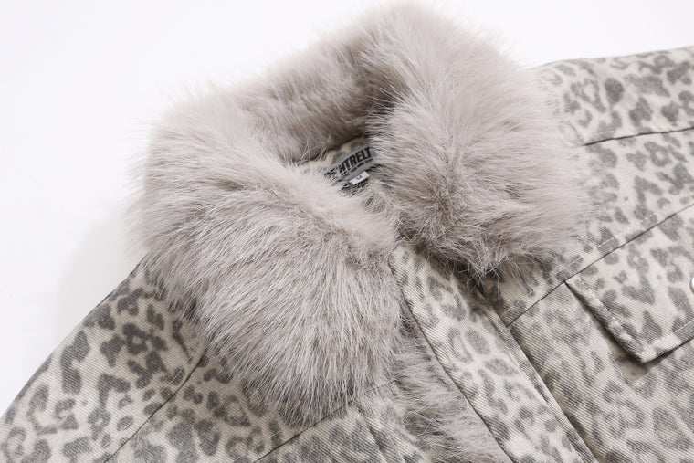EAC–Leopard Faux Fur Collar Cropped Padded Jacket