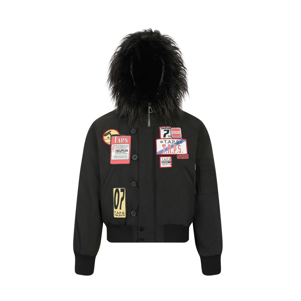 EAC–Patch Embroidered Fur-Trim Hooded Padded Jacket