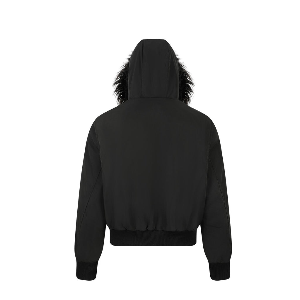 EAC–Patch Embroidered Fur-Trim Hooded Padded Jacket