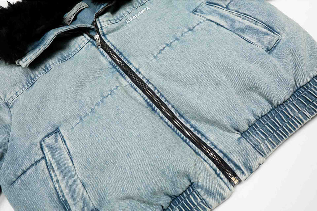 EAC–Denim Puffer Jacket with Fur Collar