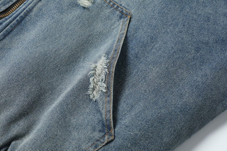 EAC–Vintage Wash Denim Jacket with Leopard Faux Fur Lining