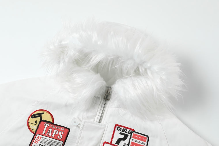 EAC–Patch Embroidered Fur-Trim Hooded Padded Jacket