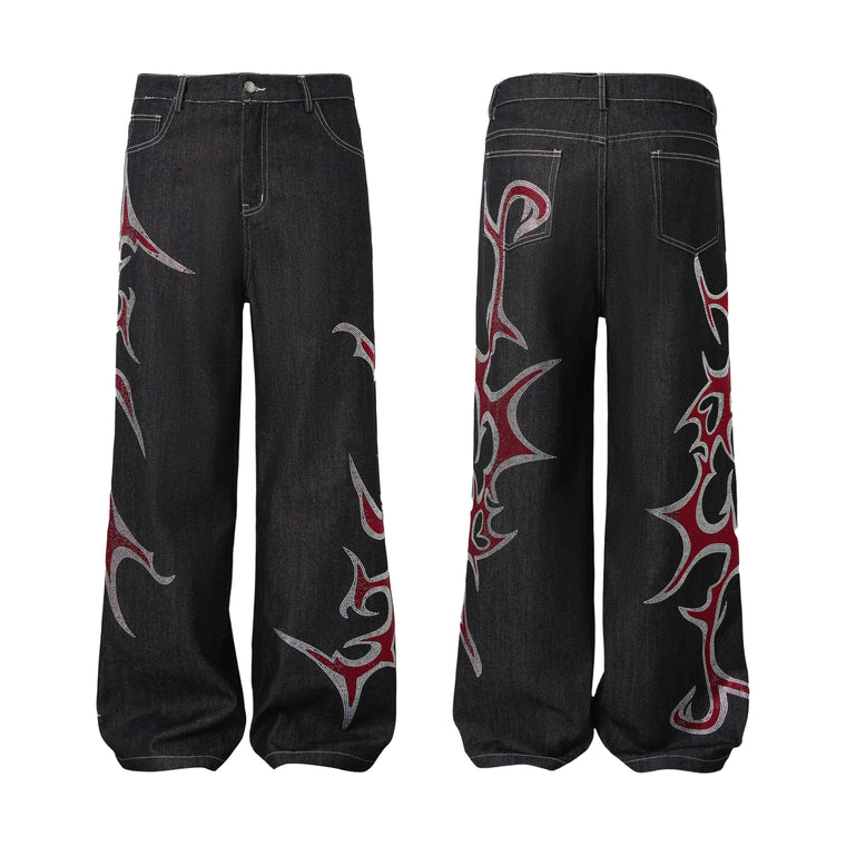 EAC–Graphic Rhinestone Wide-Leg Denim Jeans