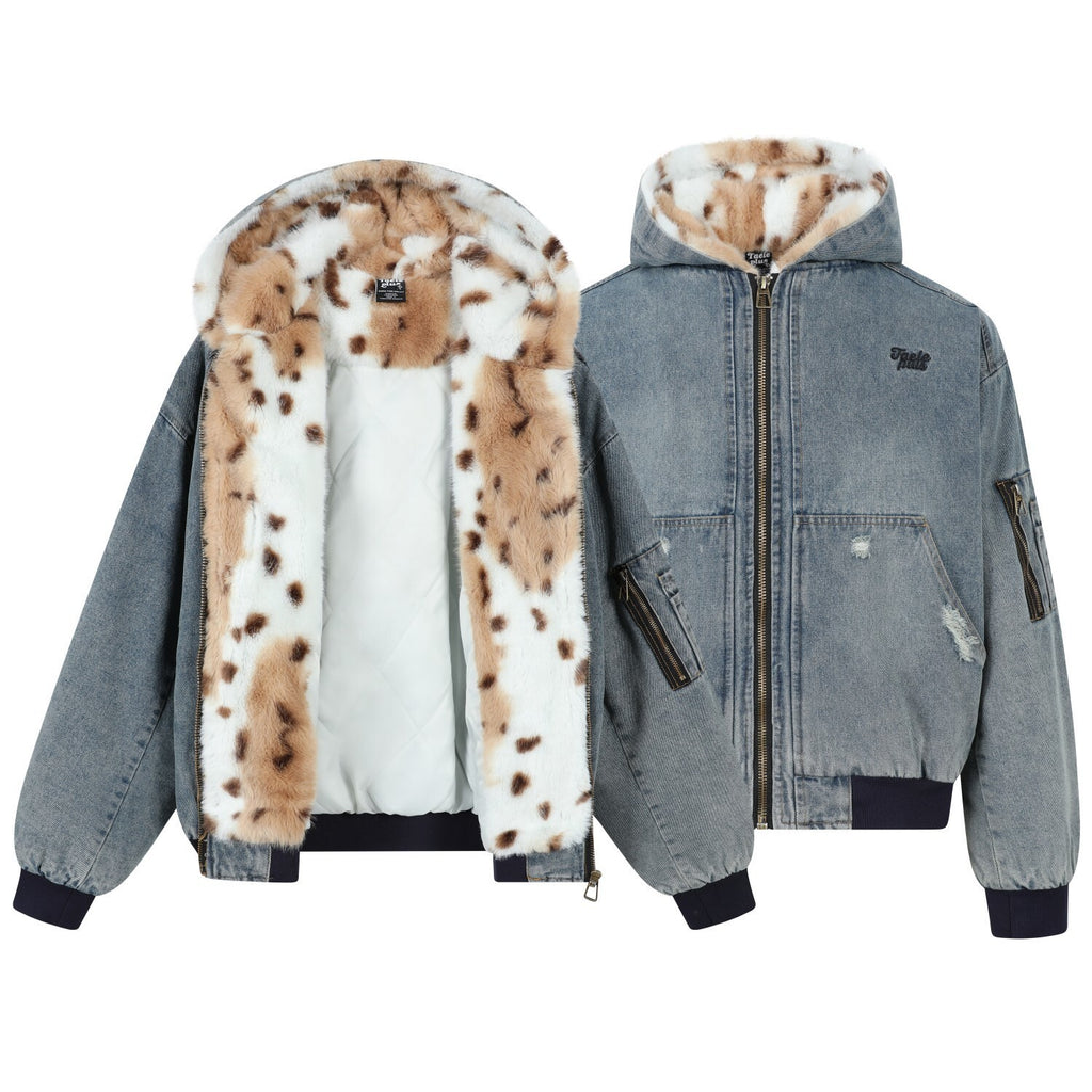EAC–Vintage Wash Denim Jacket with Leopard Faux Fur Lining