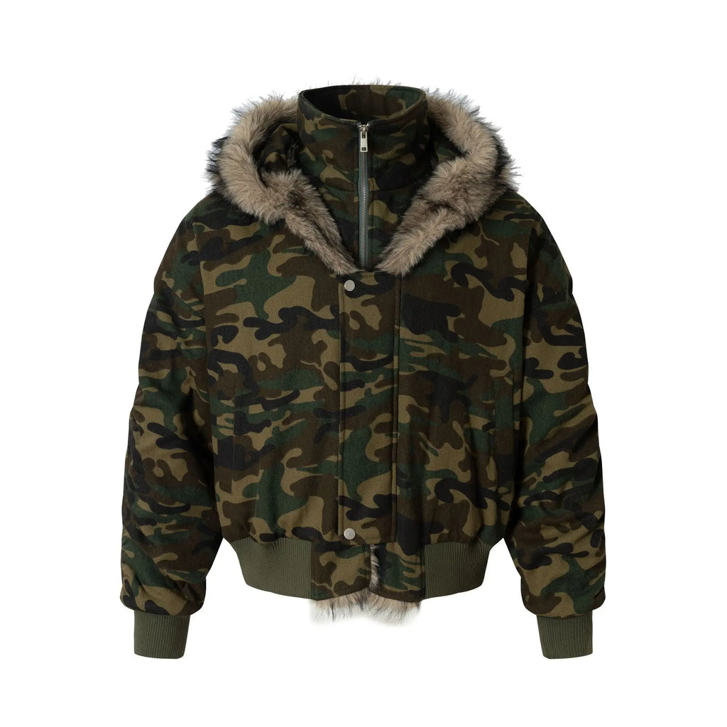 EAC–Faux Fur Trim Hooded Camouflage Layered Jacket