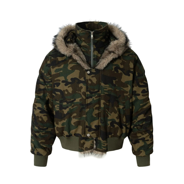EAC–Faux Fur Trim Hooded Camouflage Layered Jacket