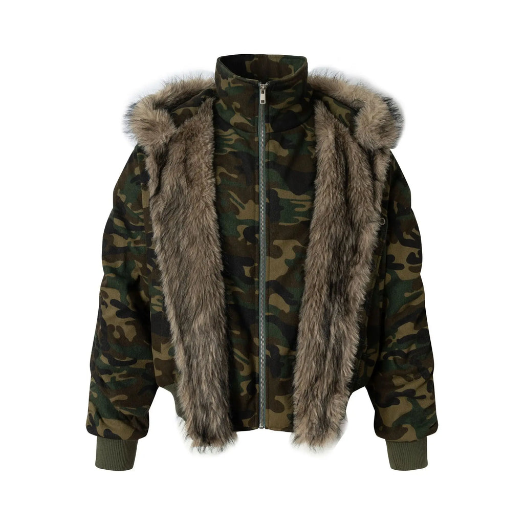 EAC–Faux Fur Trim Hooded Camouflage Layered Jacket