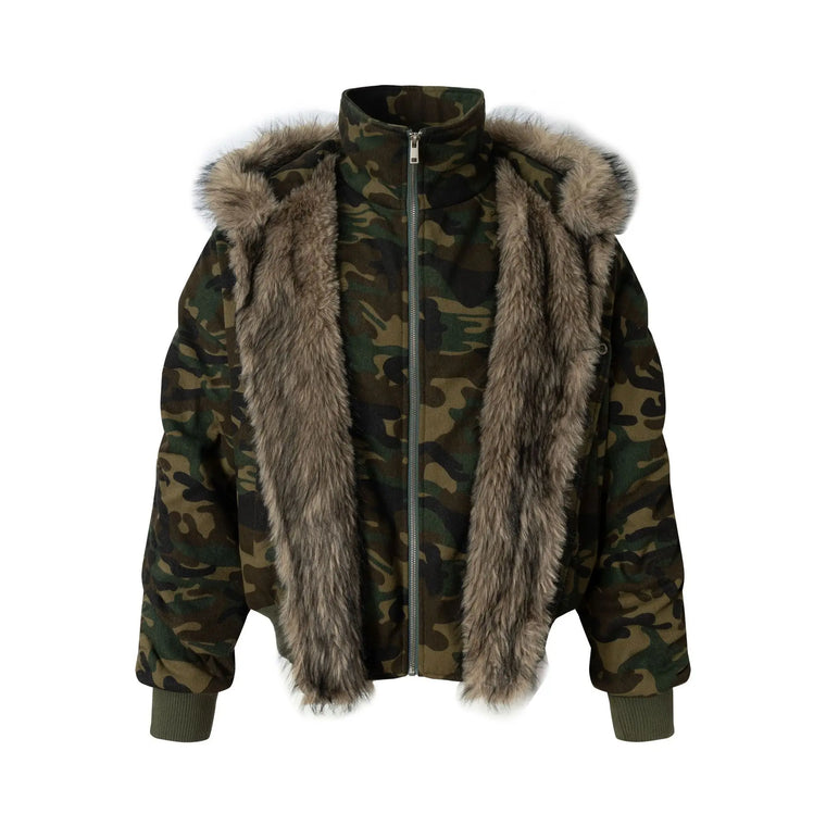 EAC–Faux Fur Trim Hooded Camouflage Layered Jacket