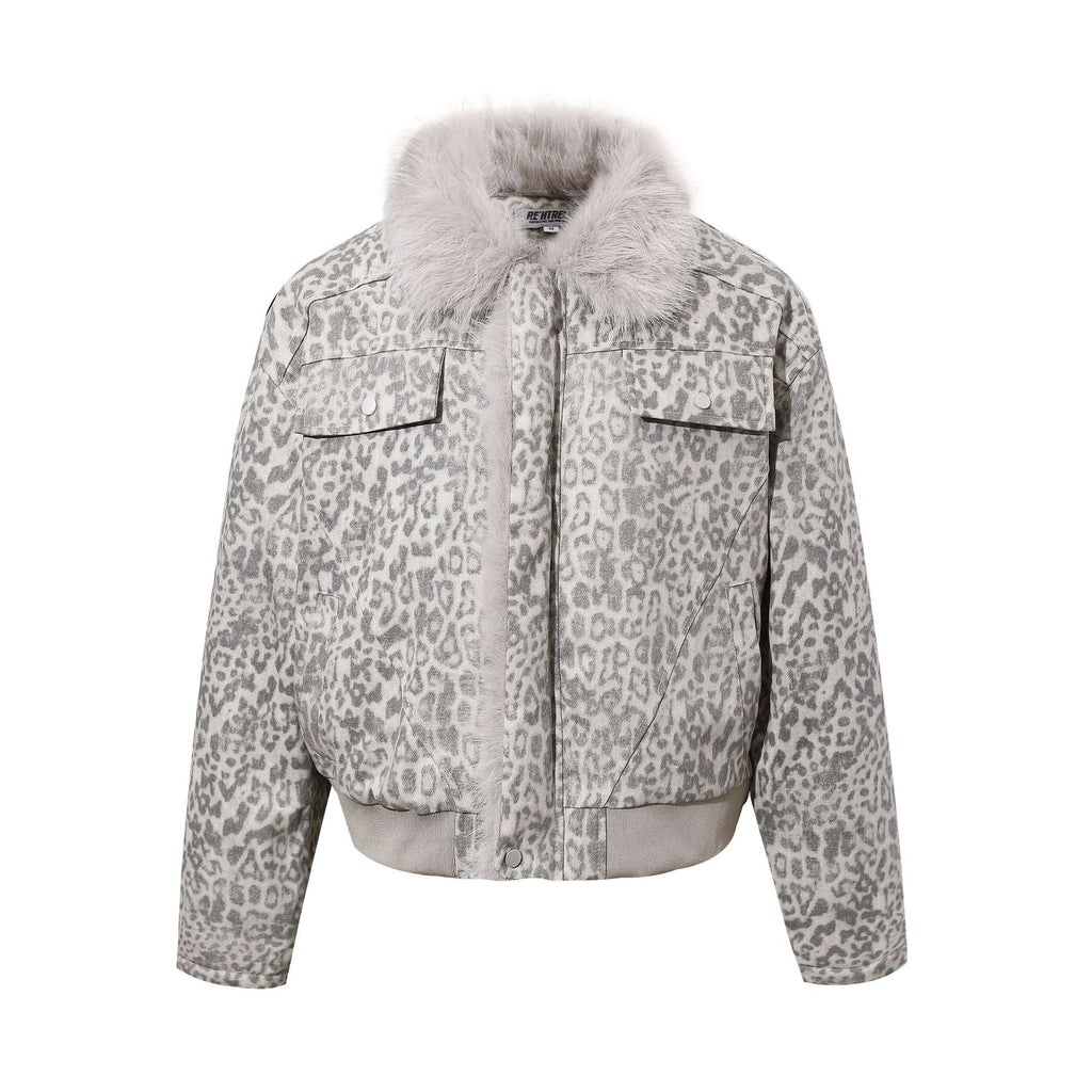 EAC–Leopard Faux Fur Collar Cropped Padded Jacket