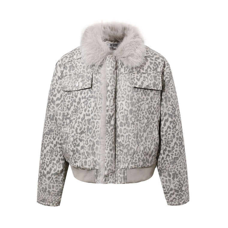 EAC–Leopard Faux Fur Collar Cropped Padded Jacket