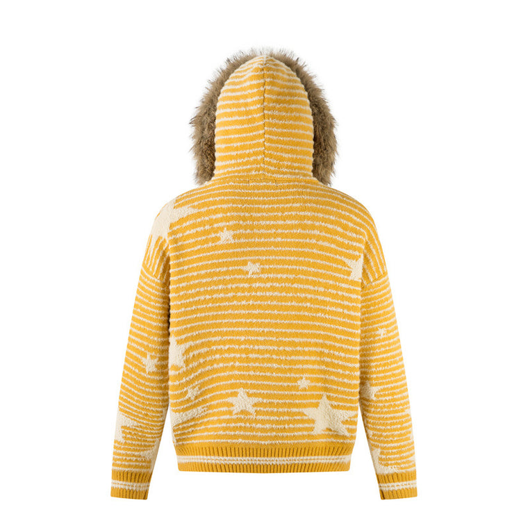 EAC–Star Stripe Fur-Trim Hooded Knit