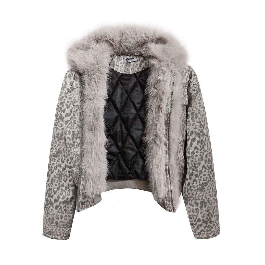 EAC–Leopard Faux Fur Collar Cropped Padded Jacket