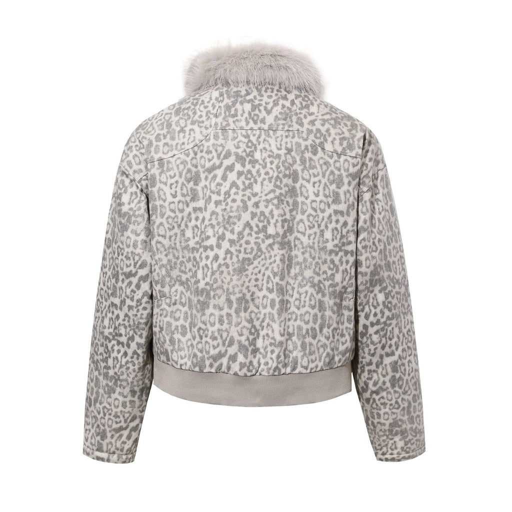 EAC–Leopard Faux Fur Collar Cropped Padded Jacket