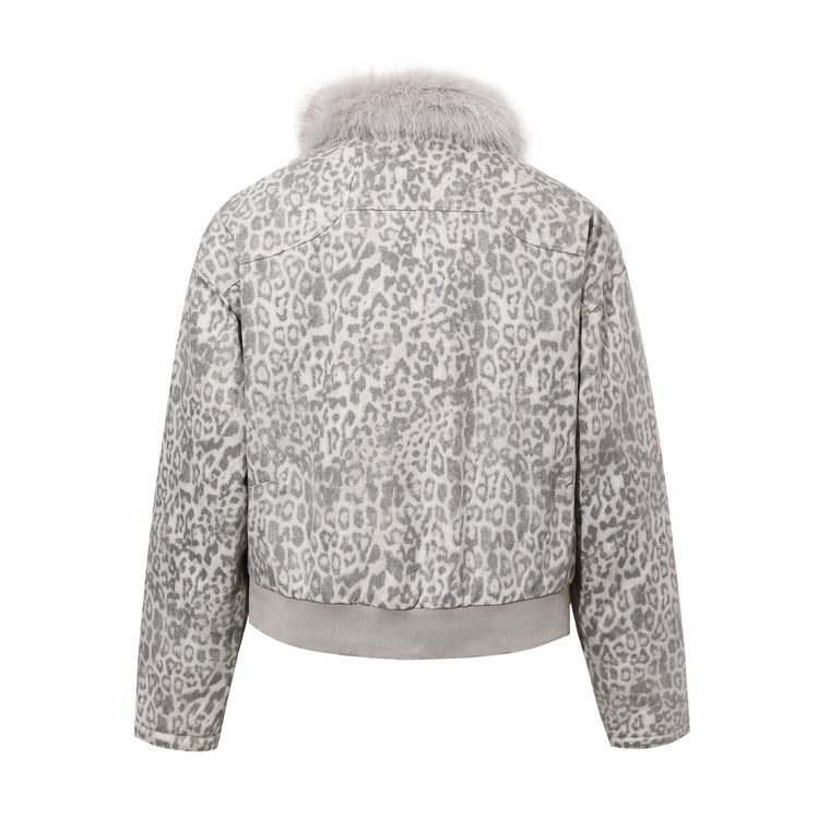 EAC–Leopard Faux Fur Collar Cropped Padded Jacket