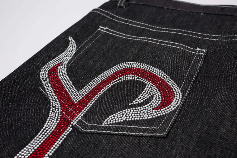 EAC–Graphic Rhinestone Wide-Leg Denim Jeans