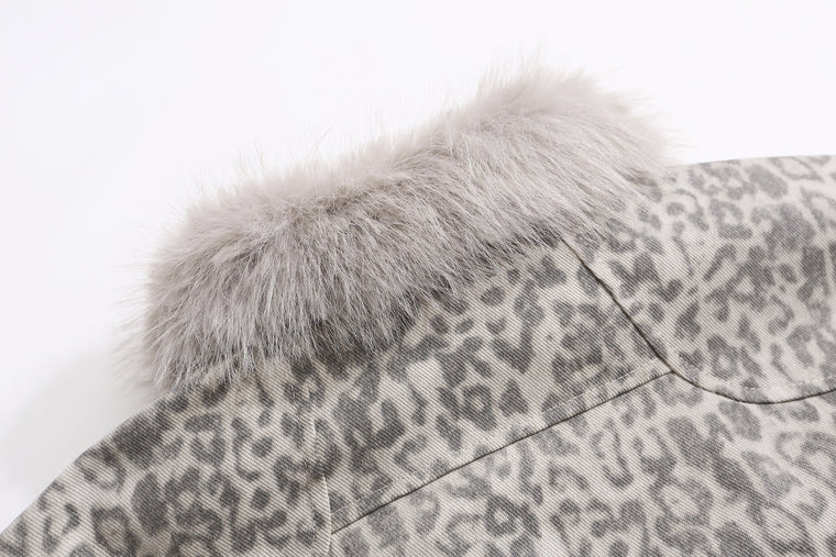 EAC–Leopard Faux Fur Collar Cropped Padded Jacket