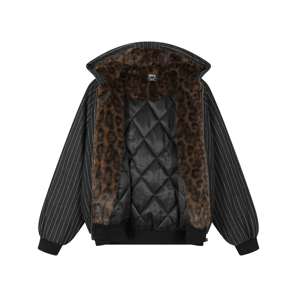 EAC–Striped Leopard Fur-Trim Hooded Padded Jacket