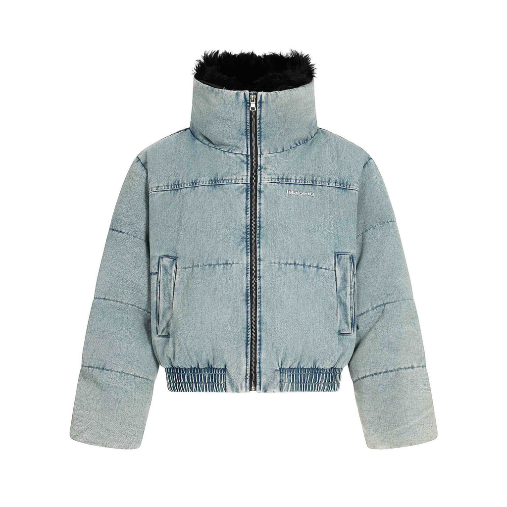 EAC–Denim Puffer Jacket with Fur Collar