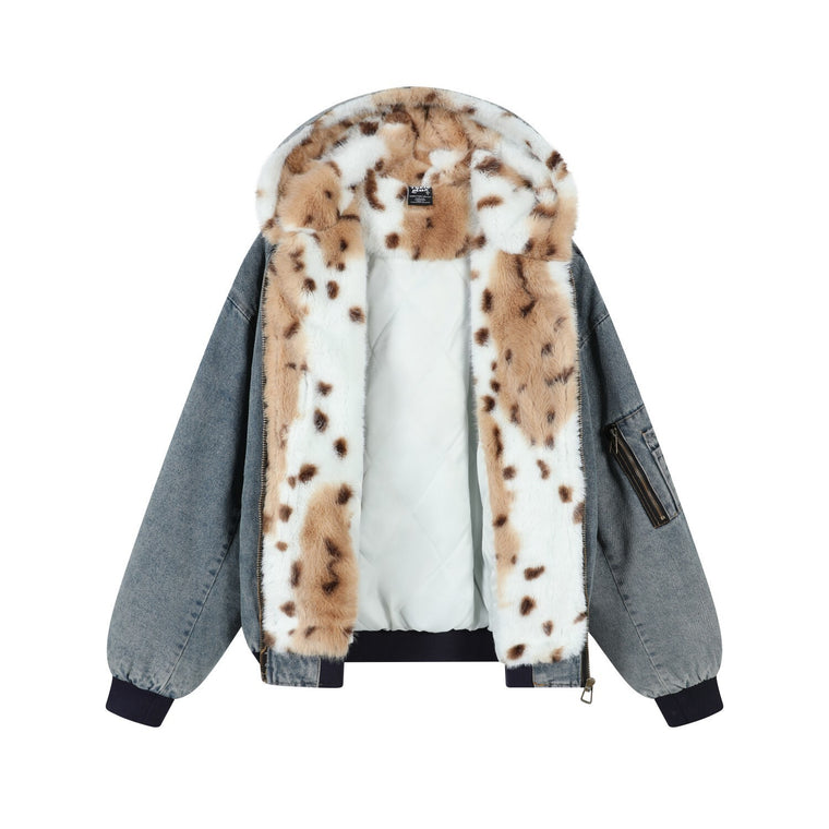 EAC–Vintage Wash Denim Jacket with Leopard Faux Fur Lining