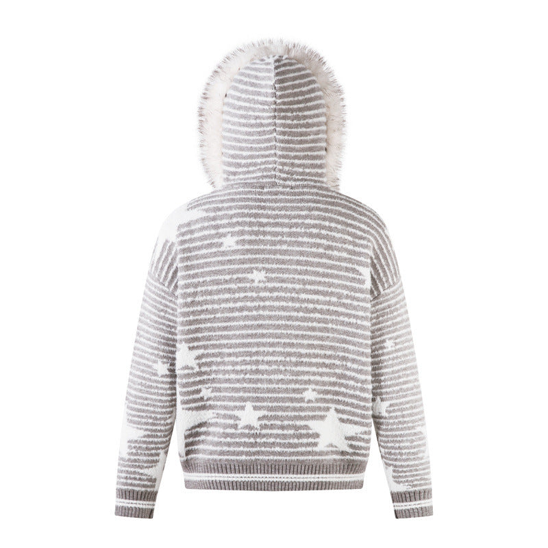 EAC–Star Stripe Fur-Trim Hooded Knit