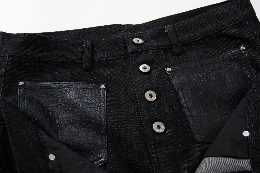 EAC–Dual-Waist Leather Panel Wide-Leg Jeans