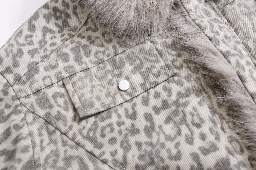 EAC–Leopard Faux Fur Collar Cropped Padded Jacket