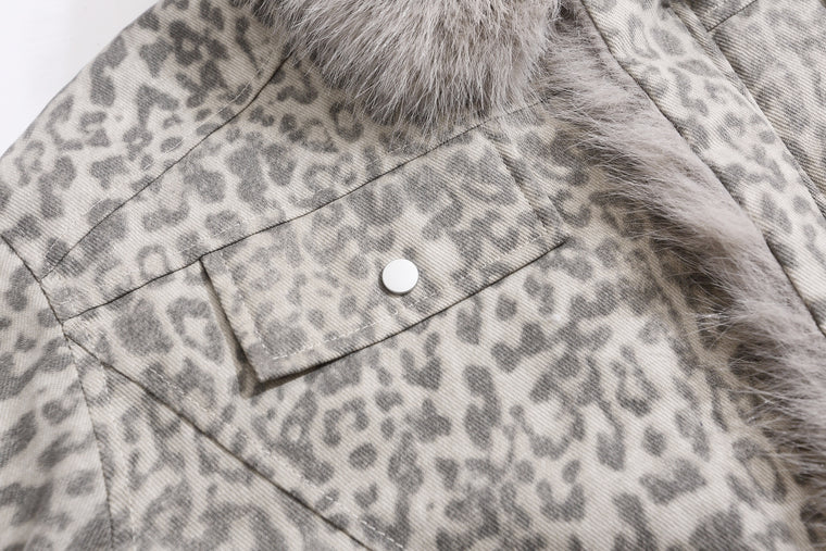 EAC–Leopard Faux Fur Collar Cropped Padded Jacket