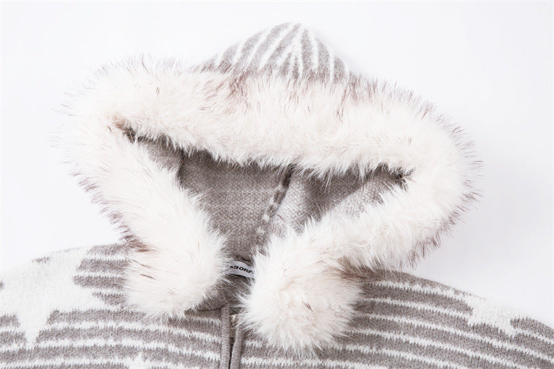 EAC–Star Stripe Fur-Trim Hooded Knit