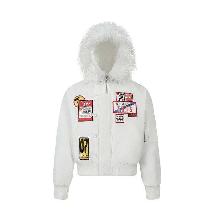 EAC–Patch Embroidered Fur-Trim Hooded Padded Jacket