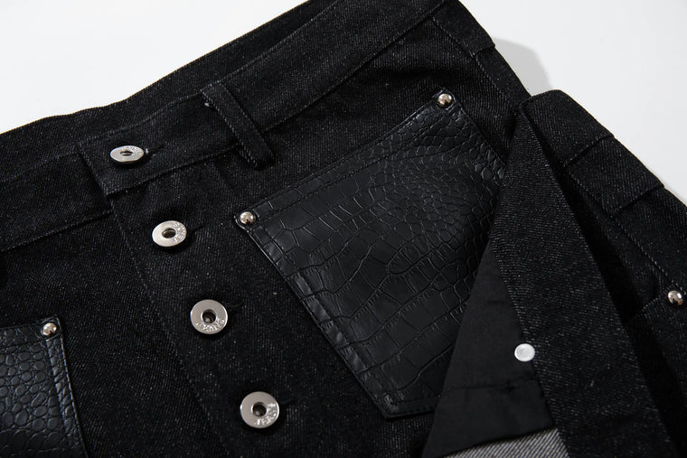 EAC–Dual-Waist Leather Panel Wide-Leg Jeans